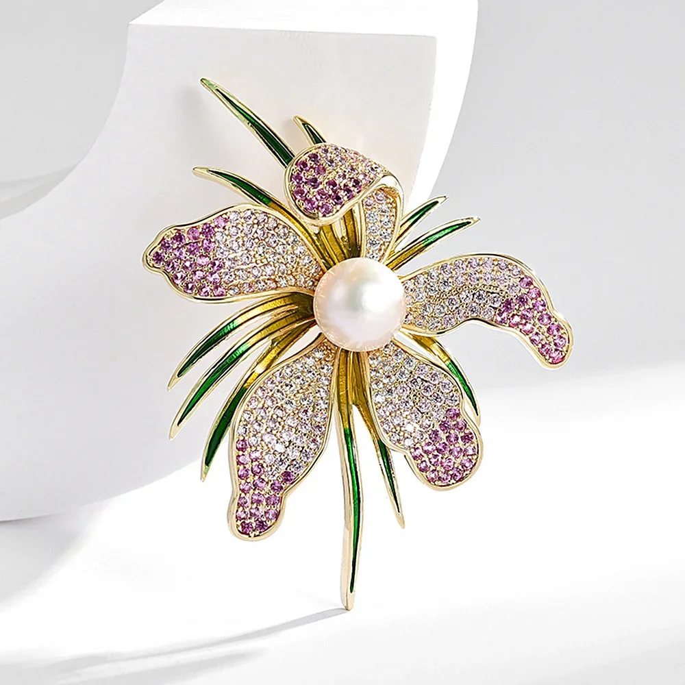 Women's Jewelry Elegant Enamel Orchid Flower Brooch Rhinestone Pearl Badge Pin Metal Plant Corsage Mother's Day Gifts