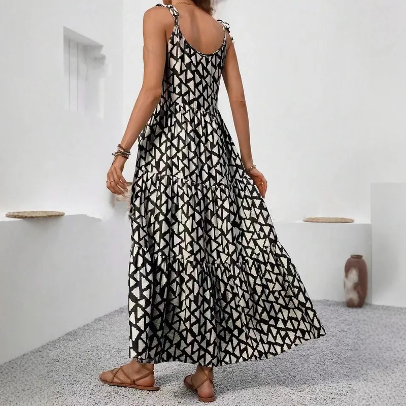 Summer Beach Women's Triangle Printed Suspender Linen Dress Cake Skirt Dresses Big Sizes Women Summer Sundress