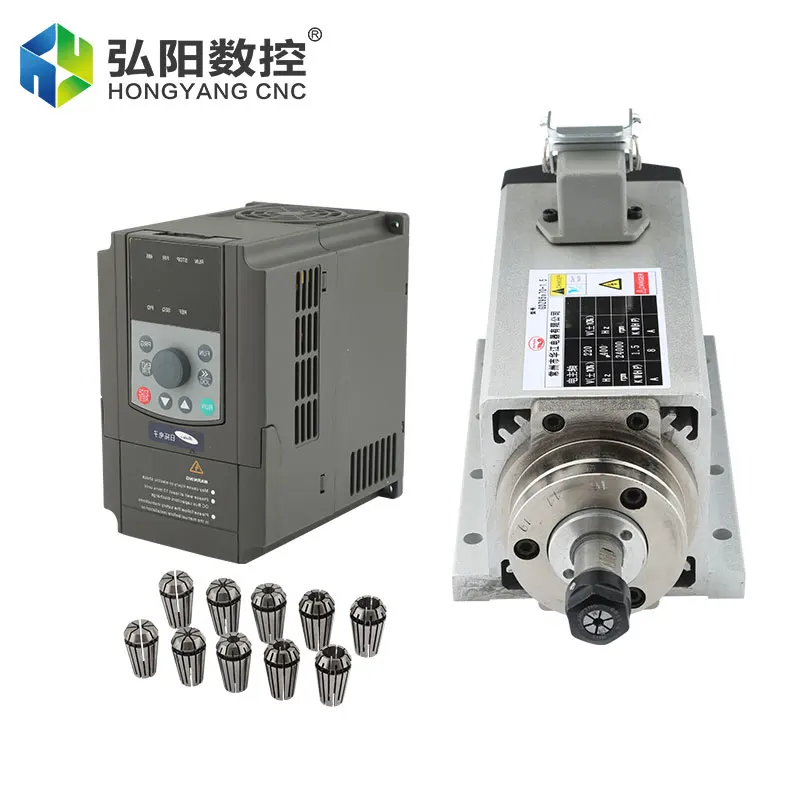 1.5KW Square Air-Cooled Spindle Motor Flash + 1.5kw VFD Inverter + 1 Set ER11 Collet CNC Milling Machine Engraving Milling Kit