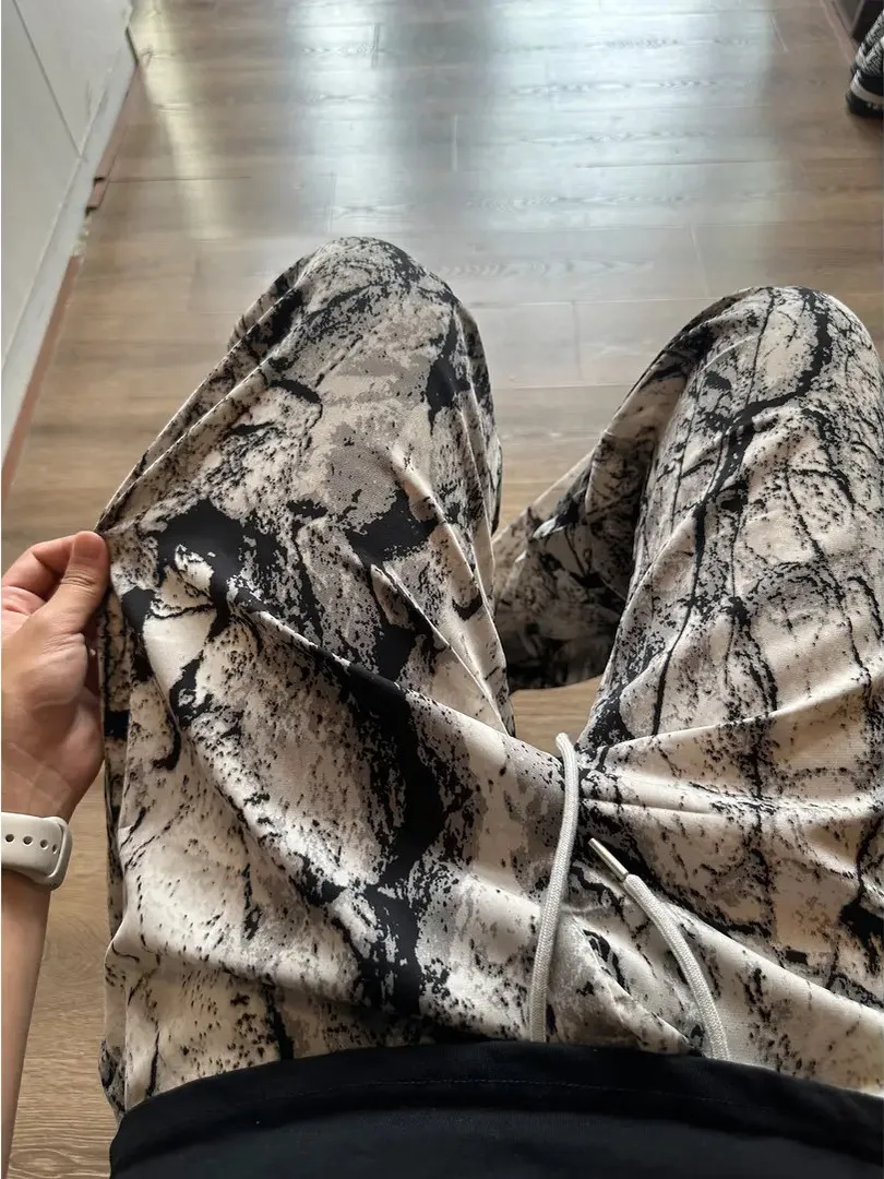 Casual Loose Wide Leg Pants Men's Summer Thin Ice Silk Dyeing Breathable Loose Fit Drawstring Elastic Waist Casual Trousers