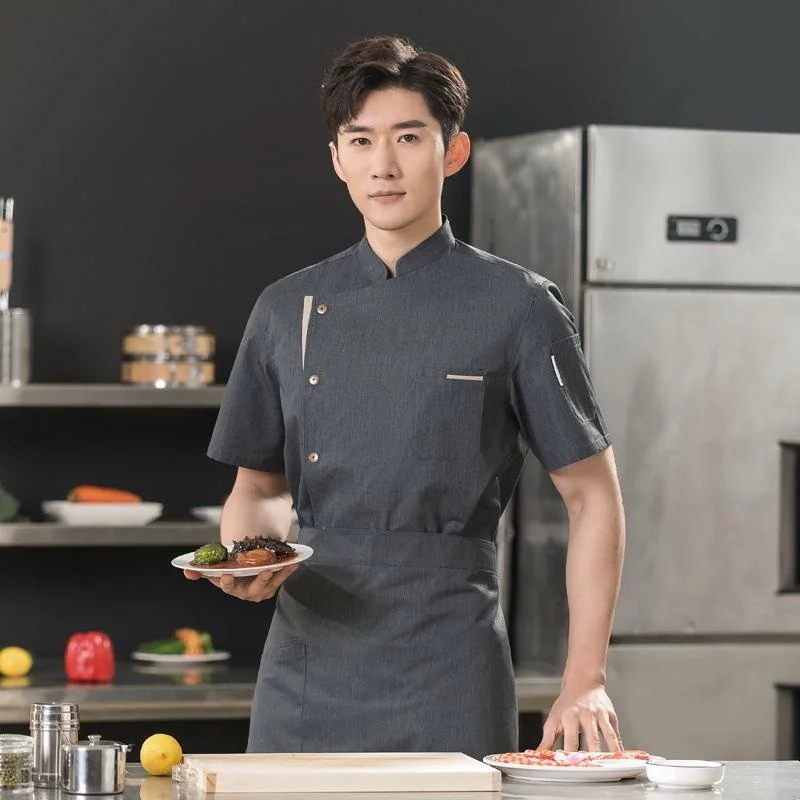 Chaqueta de chef profesional para hombre, uniforme de camarero de cocinero de cocina de manga corta de algodón