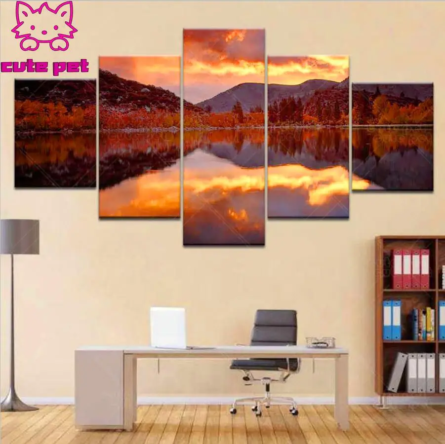 

Full drill square round diamond painting sunset autumn scenery mosaic diamond embroidery tree lake view cross stitch 5 pcs set