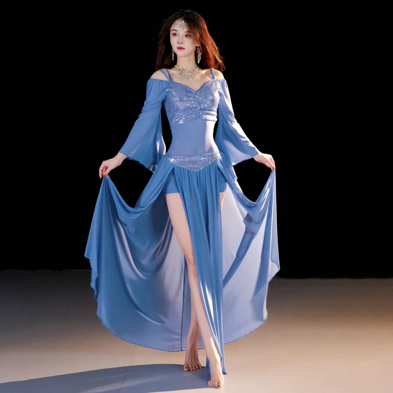 Abito da danza del ventre per donna Top a maniche lunghe con paillettes di danza orientale + gonna lunga divisa sexy 2 pezzi Abiti da pratica professionale per adulti