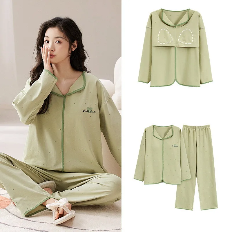 Casual Chest Pad Cotton Pajamas For Women Lapel Long Sleeve Shirt Pant Suit Bra Sleepwear Pijamas Set Female Autumn Winter