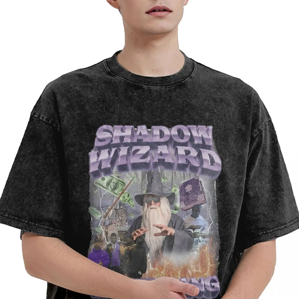 Washed T Shirt Shadow Wizard Money Gang Hip Hop Vintage T-Shirt High Street Streetwear Printed Tops Tee Shirt Men Women