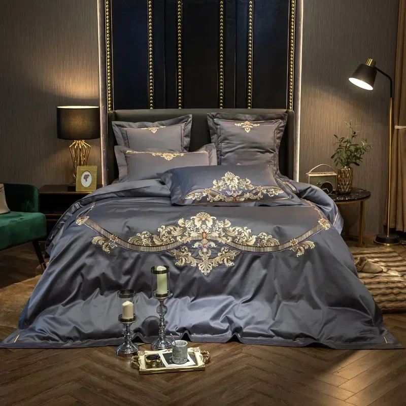 Royal Palace Style Golden Embroidery Bedding Sets King Size 4/6pcs Luxury Sateen Duvet Cover Set Egyptian Cotton Bed Sheets Gray