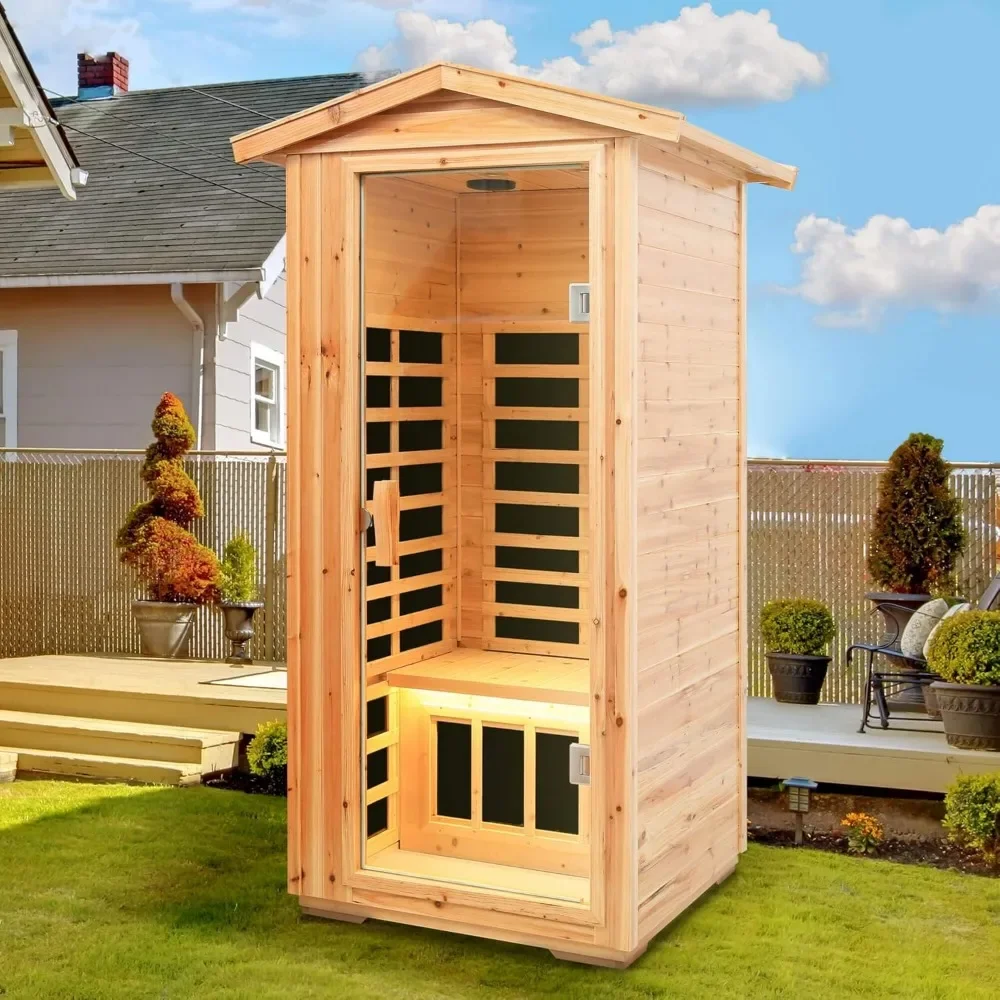 

Far Infrared Wooden Outdoor Sauna, 1-Person Size, W/1560W, 6 Low EMF Heaters, 10 Minutes Pre-Warm Up, Time and Temp Pre-Set