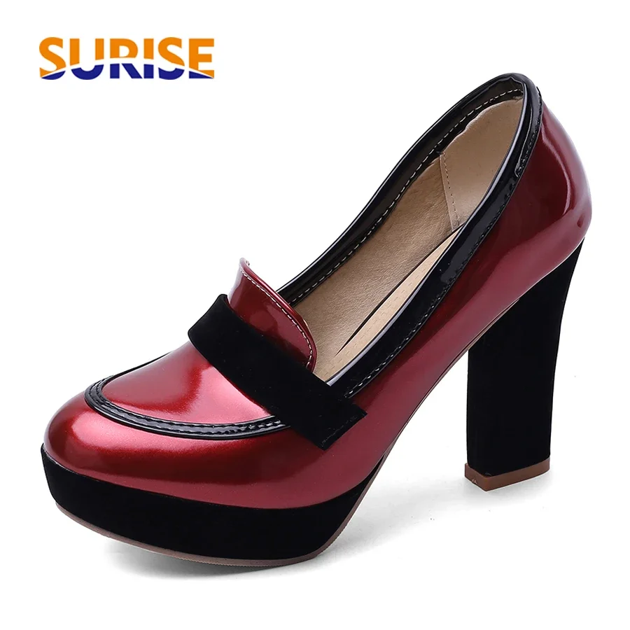 

Red Gold Women Platform Loafers Patent Leather High Chunky Heel Spring Fall Party Office Lady Slip On Belt Round Toe Dress Pumps
