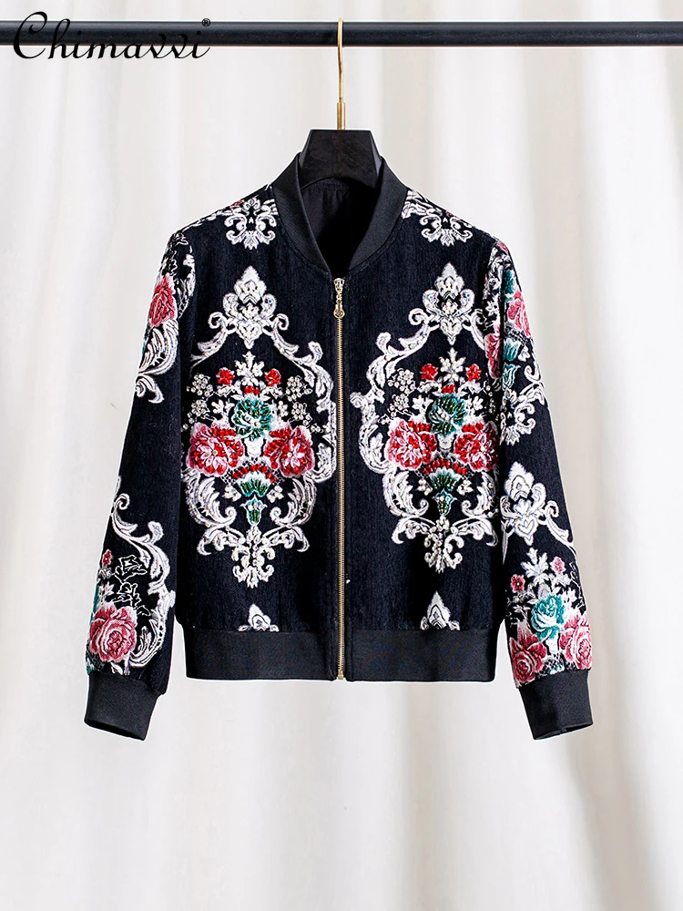 

French Elegant Retro High-End Heavy Industry Autumn Coats Stand Collar Long Sleeve Beaded Diamond Zipper Baseball Jackets Women