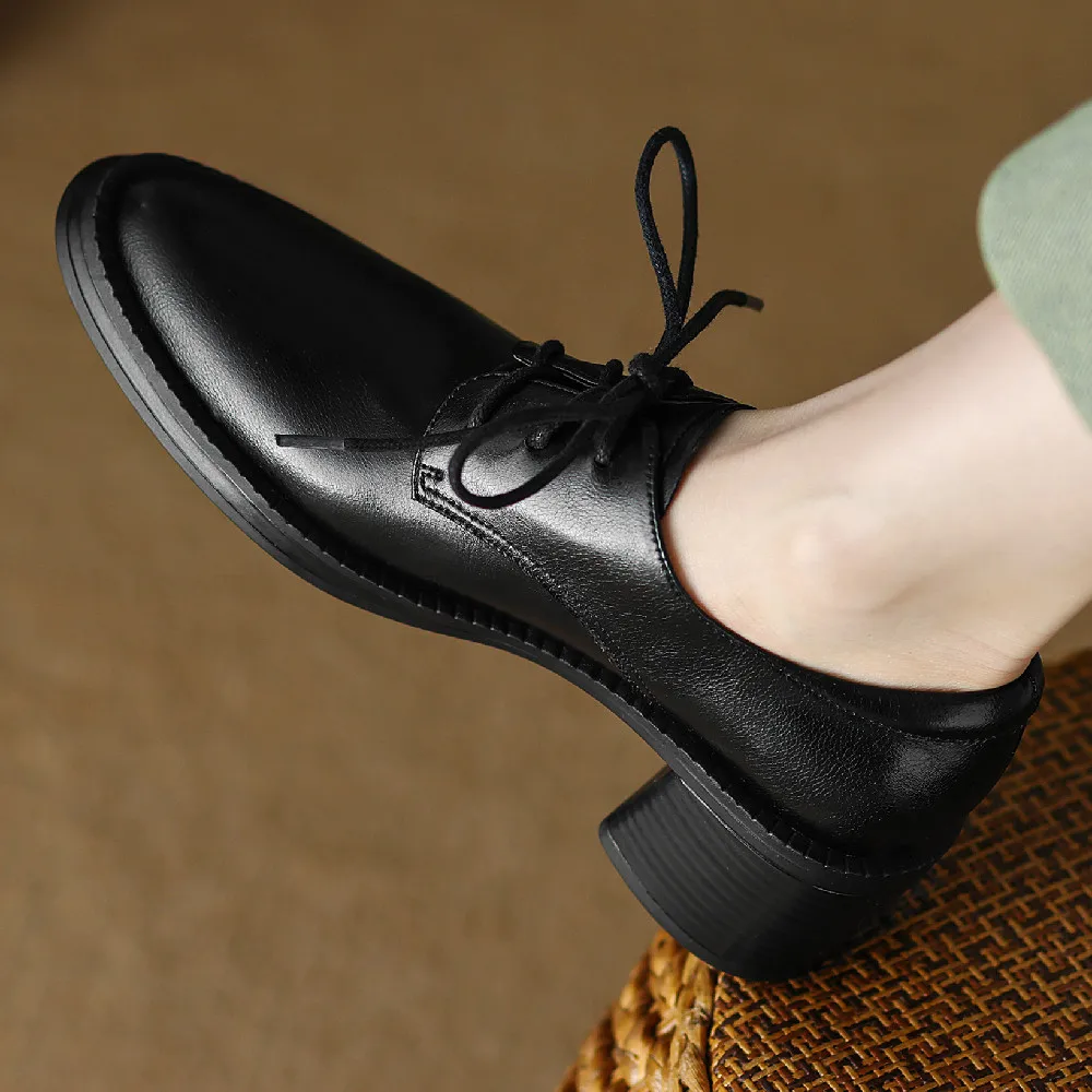 Women\'s cow leather 5.5cm thick high heel rounnd toe lace-up oxfords british style soft comfort casual female four season shoes