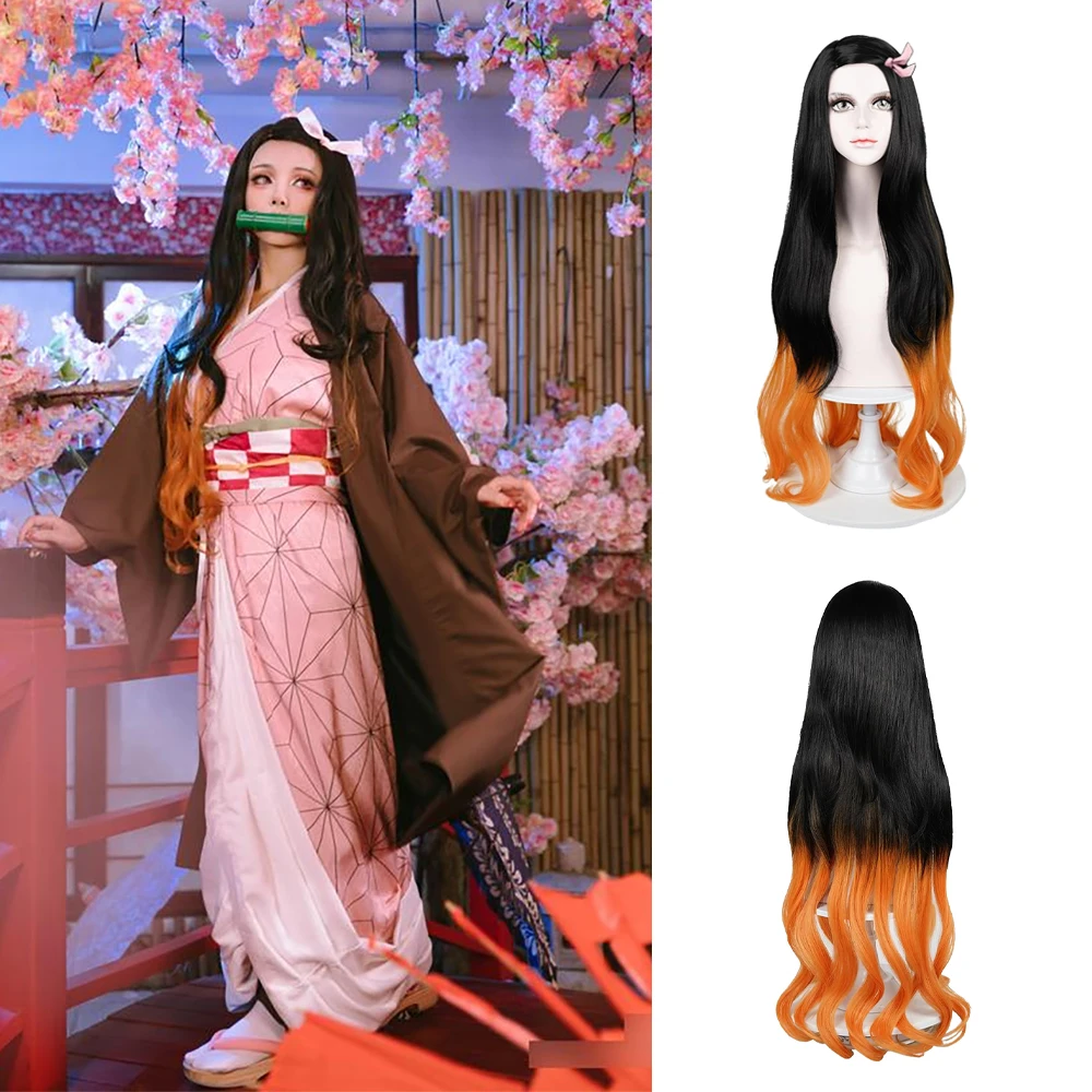 

High-Quality Anime Demon Slayer Kamado Nezuko Cosplay Composite Hair 32-Inch Long Curly Hair Stage Performance Daily Party Wig