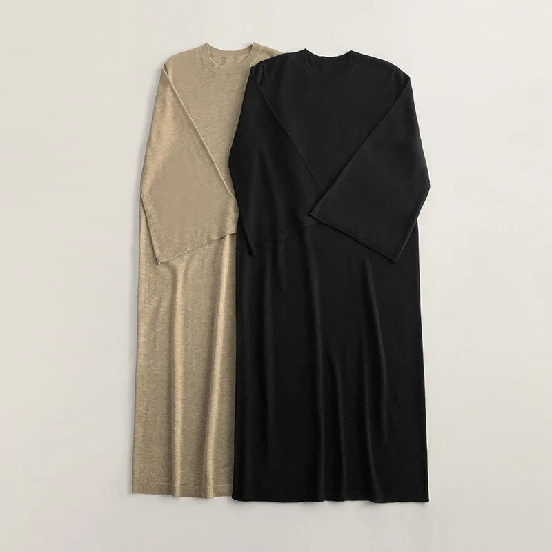 

Ultra-loose Wool Blend Wide-sleeved Straight-knit Long Dress Comfortable and Simple Loose Knit Long Women Dress