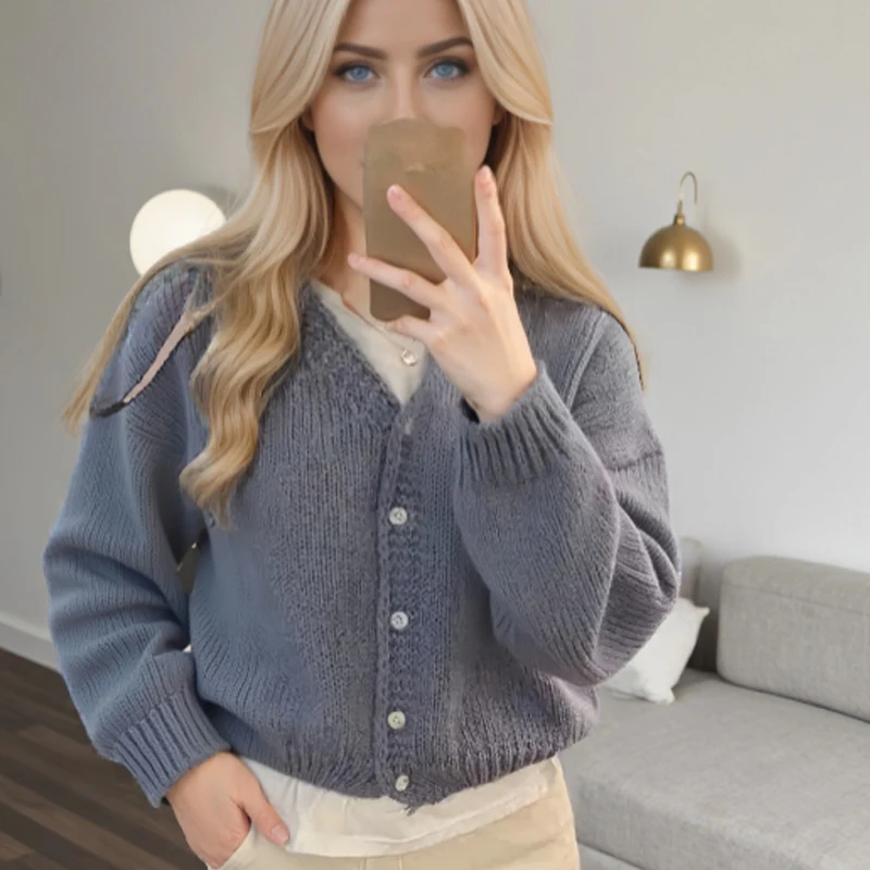 

Autumn/Winter Sweet V-neck Short Cardigan Casual Long-sleeved Sweater Fashion Single-breasted Knitwear Elegant Knitted Jacket