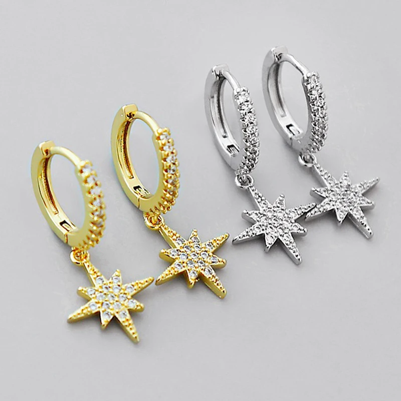 Fashion Eight-pointed Star Cubic Zirconia Earrings Women Men Gold Silver Color Copper Metal Hoop Earrings Party Daily Jewelry