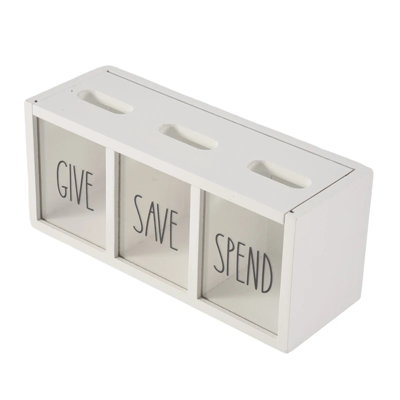 Wooden Give Save Spend Money Saving Box For Kids, Countertop Kid Piggy Bank For Daily Cash, Wall-Mount Kids Bank Durable White