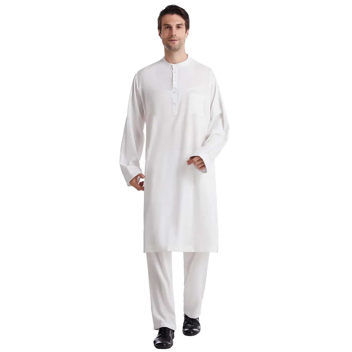 Muslim Men Jubba Thobe 2 Pice Set Top with Pant Mens Abaya Long Islamic Eid 2026 Ramadan Long Robe Saudi Wear Caftan Dubai Arab