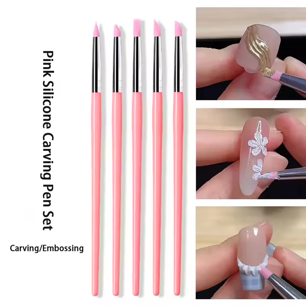 5 個 3D エンボスシリコンネイルアートブラシピンク彫刻ペンパウダーブラッシングペイント/フラワーカービング/ドットマニキュアブラシ用_