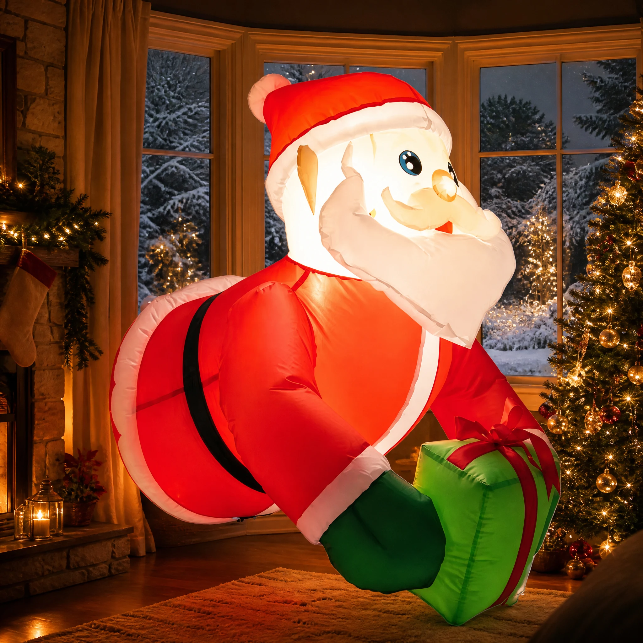 3FT Inflatable Santa Climbing Out Window, Christmas Blow Up Santa Holding Gift Box for Window Yard Holiday Decor