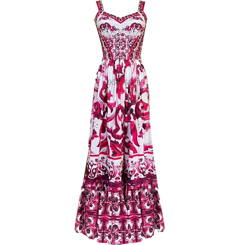 

Women's V-Neck Red Blue and White Print Spaghetti Strap Holiday Maxi Dress Summer Runway Floral Print Vacation Long Robes