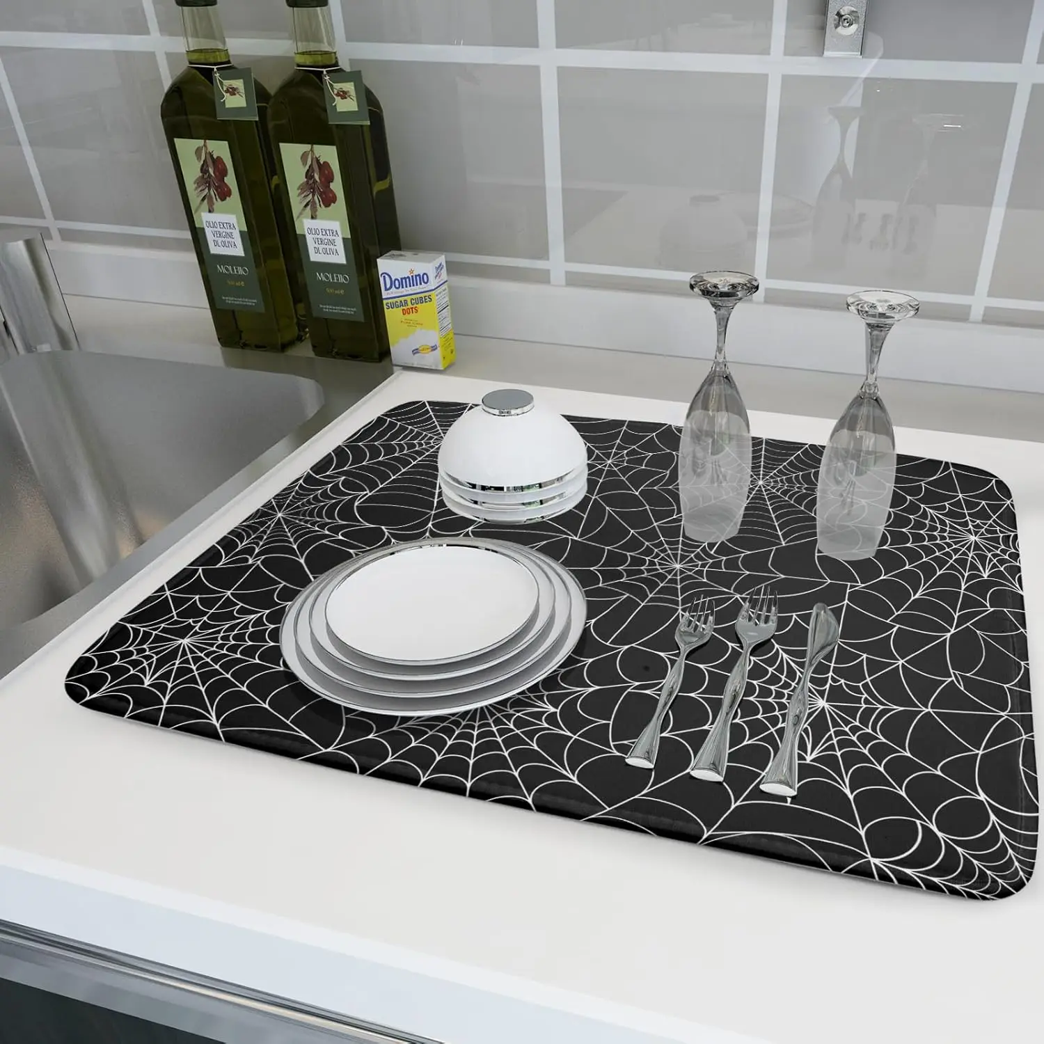 Halloween Spiderweb Spooky Drying Mats for Kitchen Table Decorations Washable Absorbent Drying Mat for Dishes Kitchen Decor