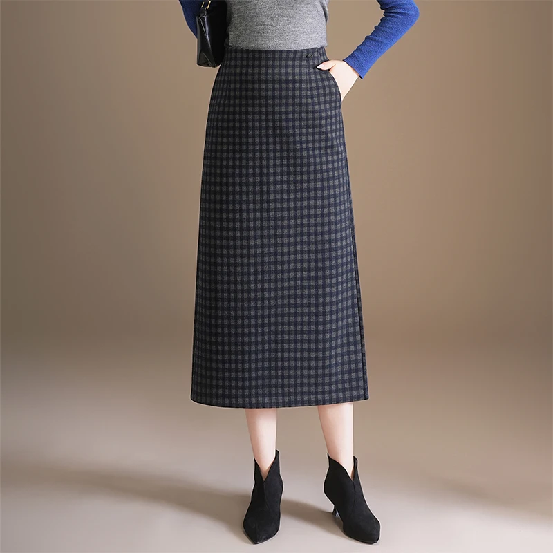 

Slimming Plaid Woolen Skirt High Waist Straight Cut Autumn Winter New Sle Versatile Women's Mid-Length Skirt
