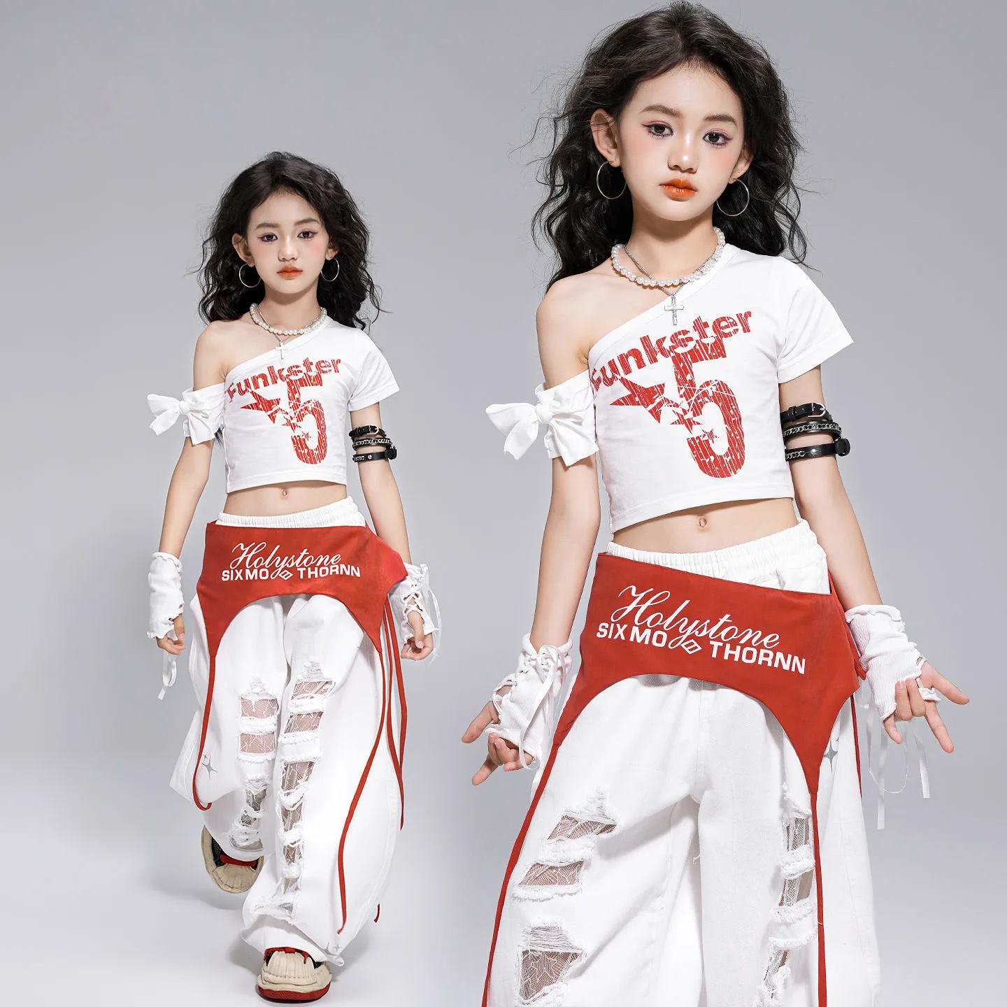 

Одежда в стиле хип-хоп, белая укороченная футболка на одно плечо, повседневные широкие рваные брюки для девочек, одежда для джазовых танцев, костюмы, одежда