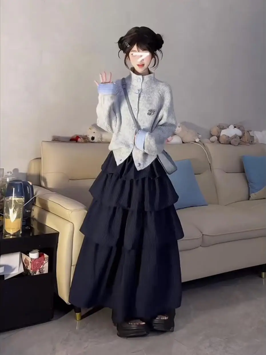 

Korean Sle Knitted Sweater Coat Women's Early Autumn Design Sense Outerwear Soft Splice Long Sve round Ne Warm Top