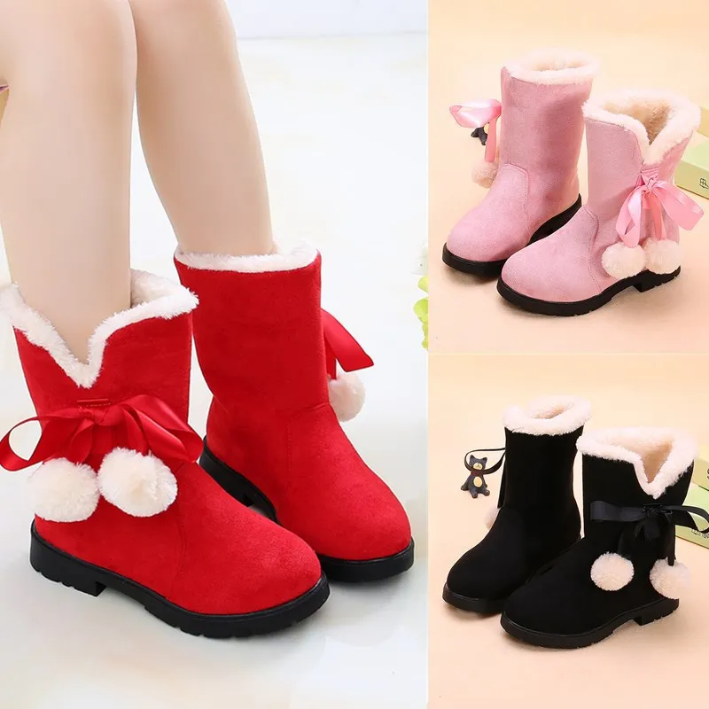WinterGirls Add Velvet Cotton Boots Princess Children Fashion Snow Boots  Ribbon Bows Plush Poms Short Boots Antiskid Keep Warm