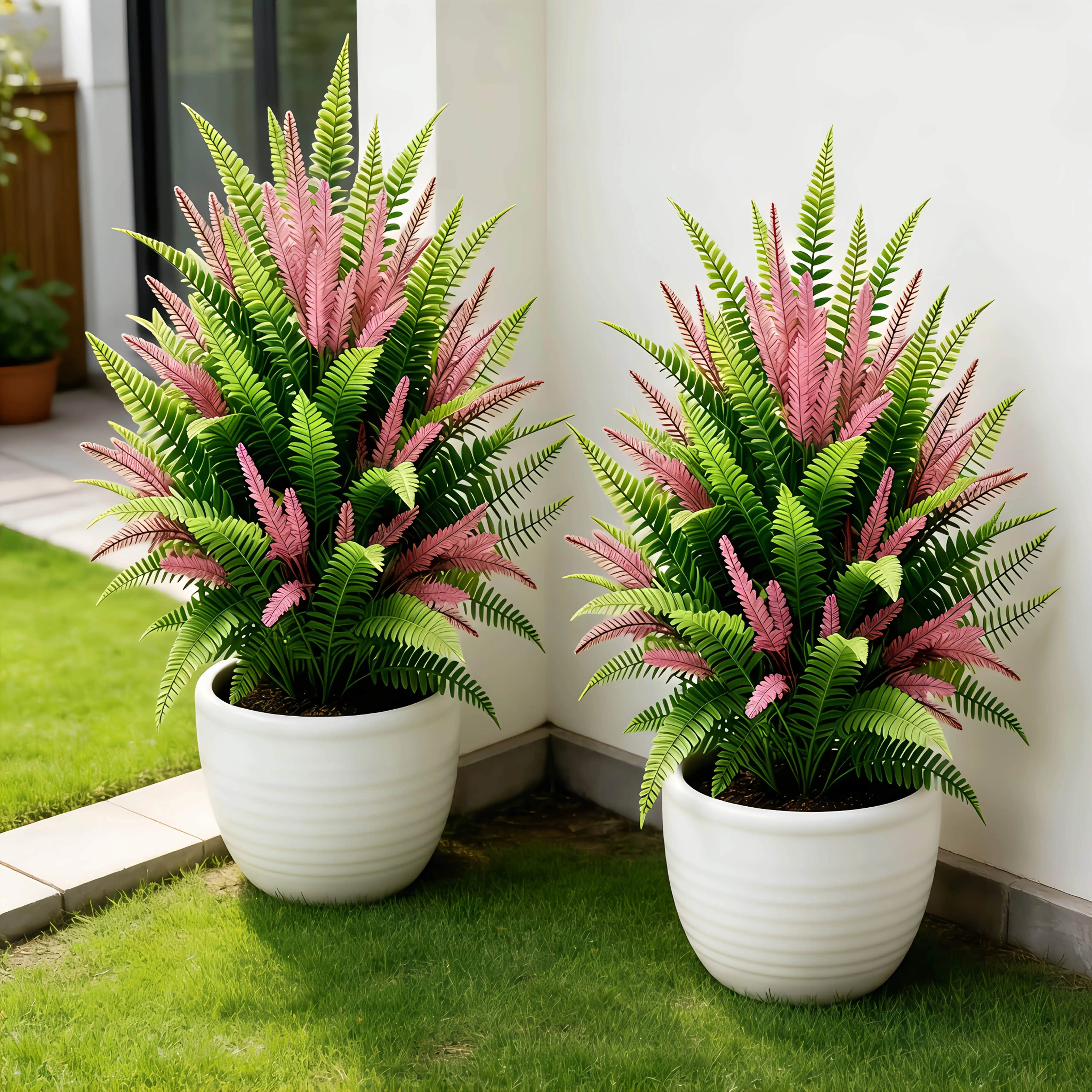 2/4 Peças, Vaso Não Incluído, Plantas Grandes para Exterior com Estacas de Fixação ao Solo - Pacote com 2, Decoração de Jardim para Primavera e Verão, Samambaias Artificiais com Lavanda Falsa, Resistente a Raios UV, Sem Necessidade de Manutenção, Paisagismo para Canteiros de Jardim e Varandas, Ornamento Decorativo para Casa para Festivais de Primavera e Verão.