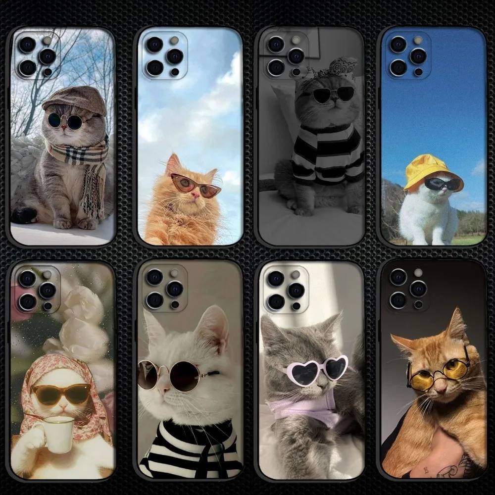 

funny cats with sunglasses Phone Case For iPhone 16,15,14,13,12,11 Plus,Pro Max, Soft Silicone Black Cover
