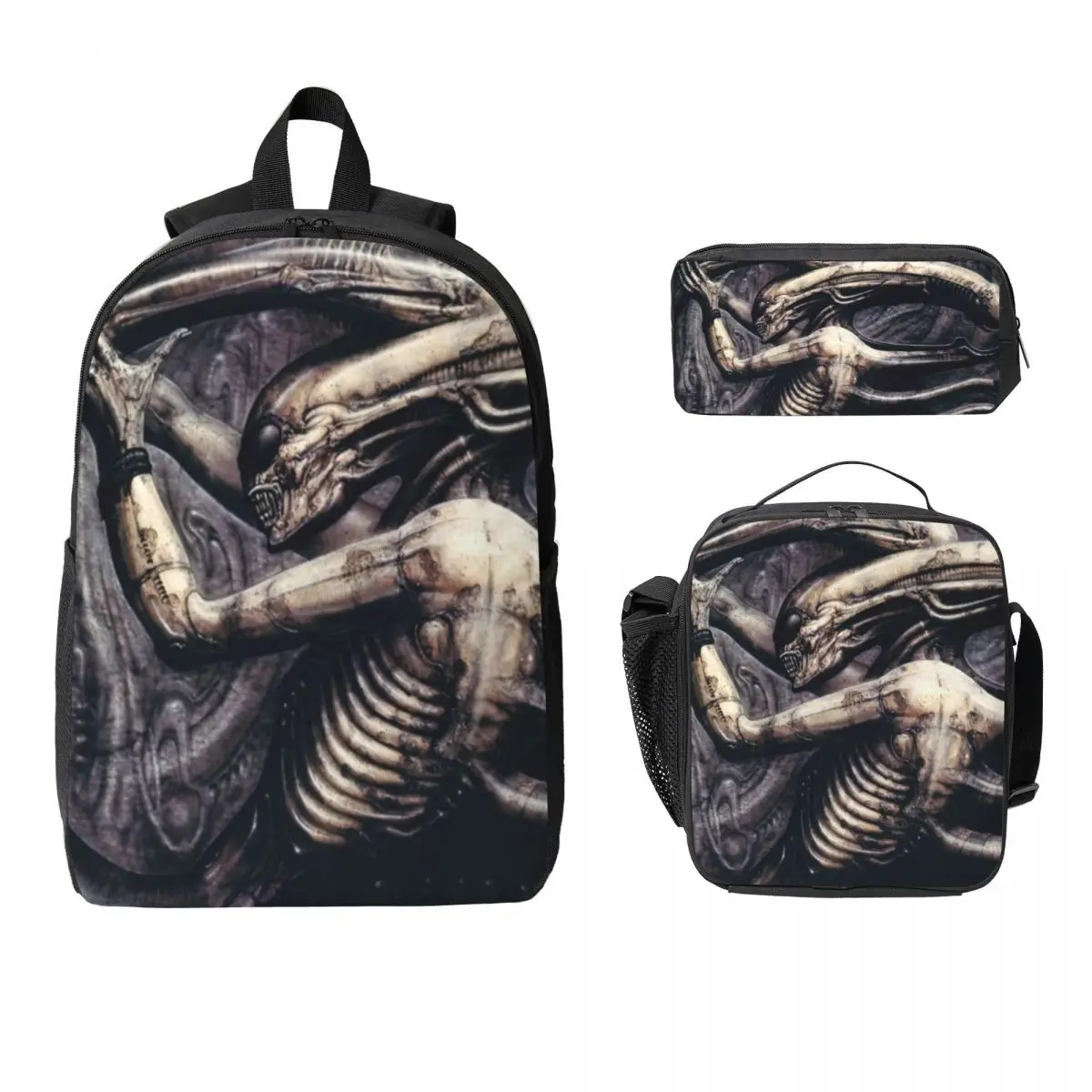 

Рюкзак Alien Xenomorph HR Giger, студенческий рюкзак для мальчиков и девочек, школьная сумка, сумки на плечо для ноутбука, 3 шт., изолированная сумка для обеда, пенал
