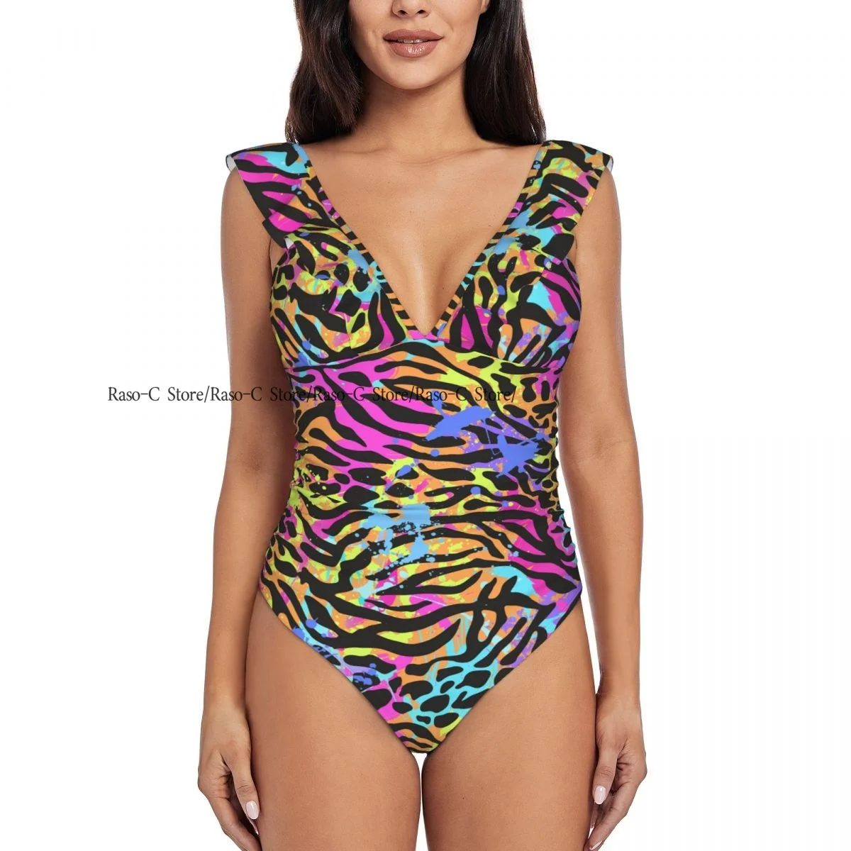 Sexy One Piece Swimsuit Push Up Swimwear Neon Animal Skin Mix Women Ruffle Monokini Swimsuit Bodysuit Bathing Suit