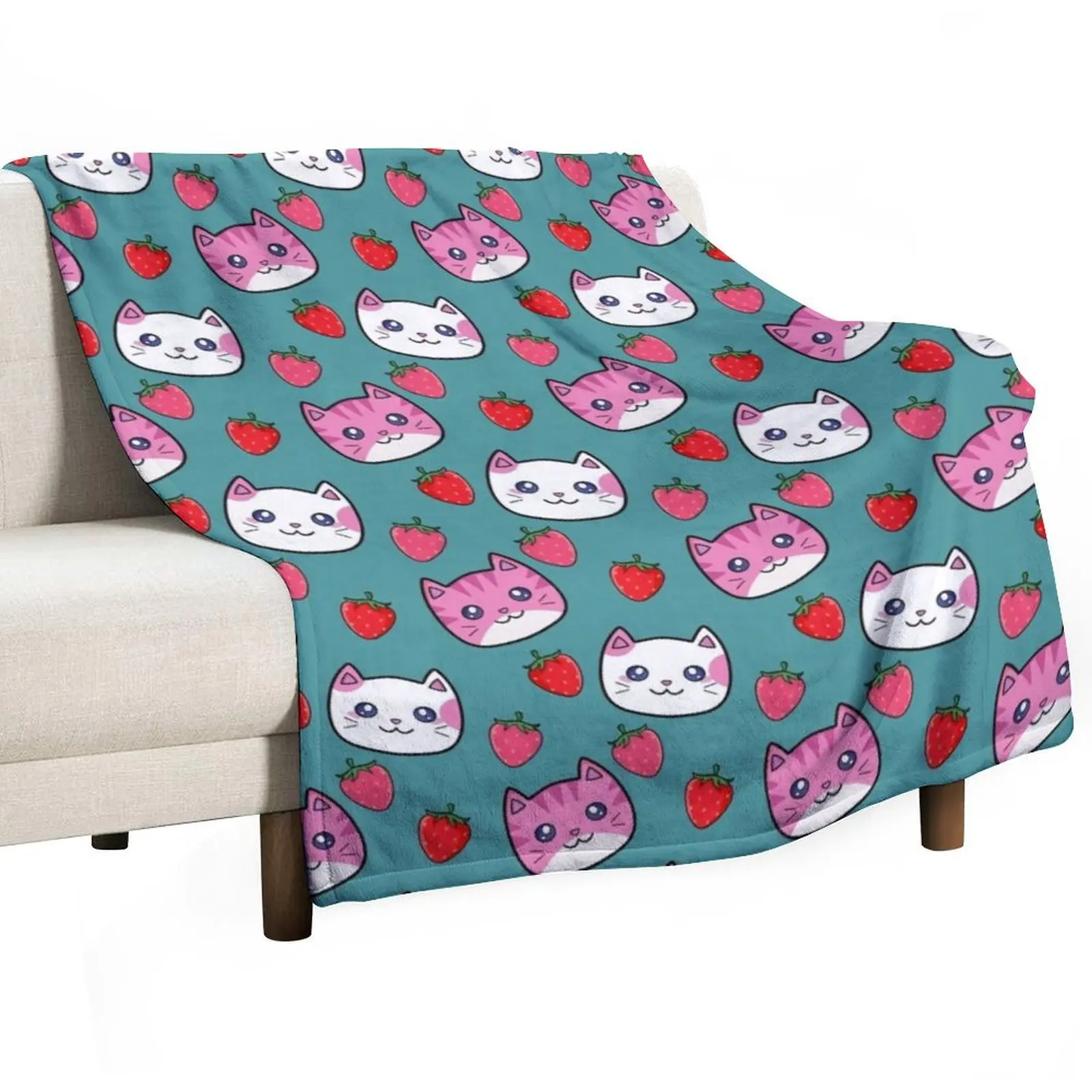 Cute Kawaii Strawberry Cats on Blue Throw Blanket funny gift Bed Blankets