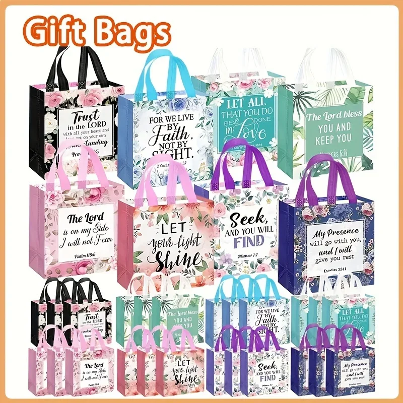 16pcs Inspirational Floral Bible Verse Tote Gift Bags with Handles for Christian Baptism Wedding Birthday Religious Reusable Bag