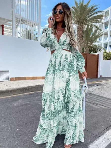 2025 primavera novo vestido moda feminina impresso com decote em v puff manga vestido feminino sexy oco para fora vestidos elegantes de cintura alta