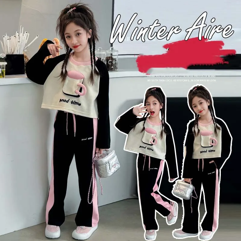 

Корейский весенне-осенний детский спортивный костюм для девочек, рубашка с контрастным принтом для девочек + прямые штаны, комплект одежды из 2 предметов для школьниц