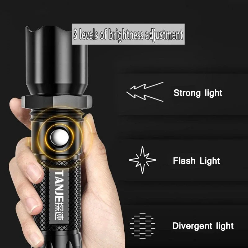 Portable Bright LED Flashlight 3 Modes USB Rechargeable Focusing Light Flash Light Mobile Power Outdoor Camping Flashlight