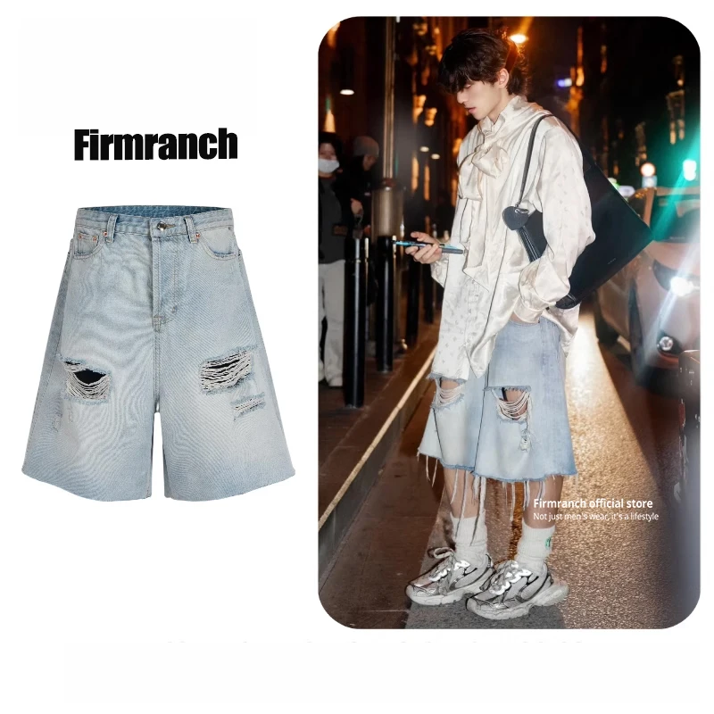 Firmranch New 2025 Wash Blue Worn Baggy Jorts For Men Women Ripped Short Jeans Crop Pants High Street Oversized Denim Shorts