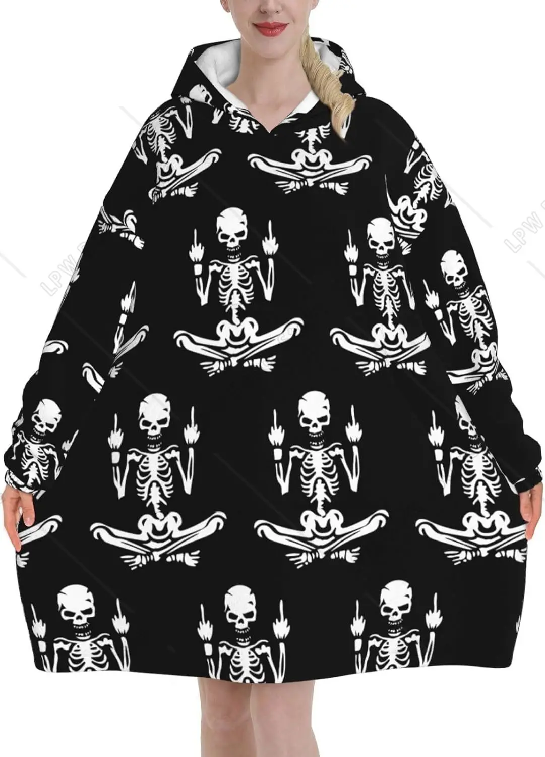 Middle Finger Skull Skeleton Black Adult Flannel Wearable Plush Blanket With Pockets Ultra Soft Plush Warm Hoodie