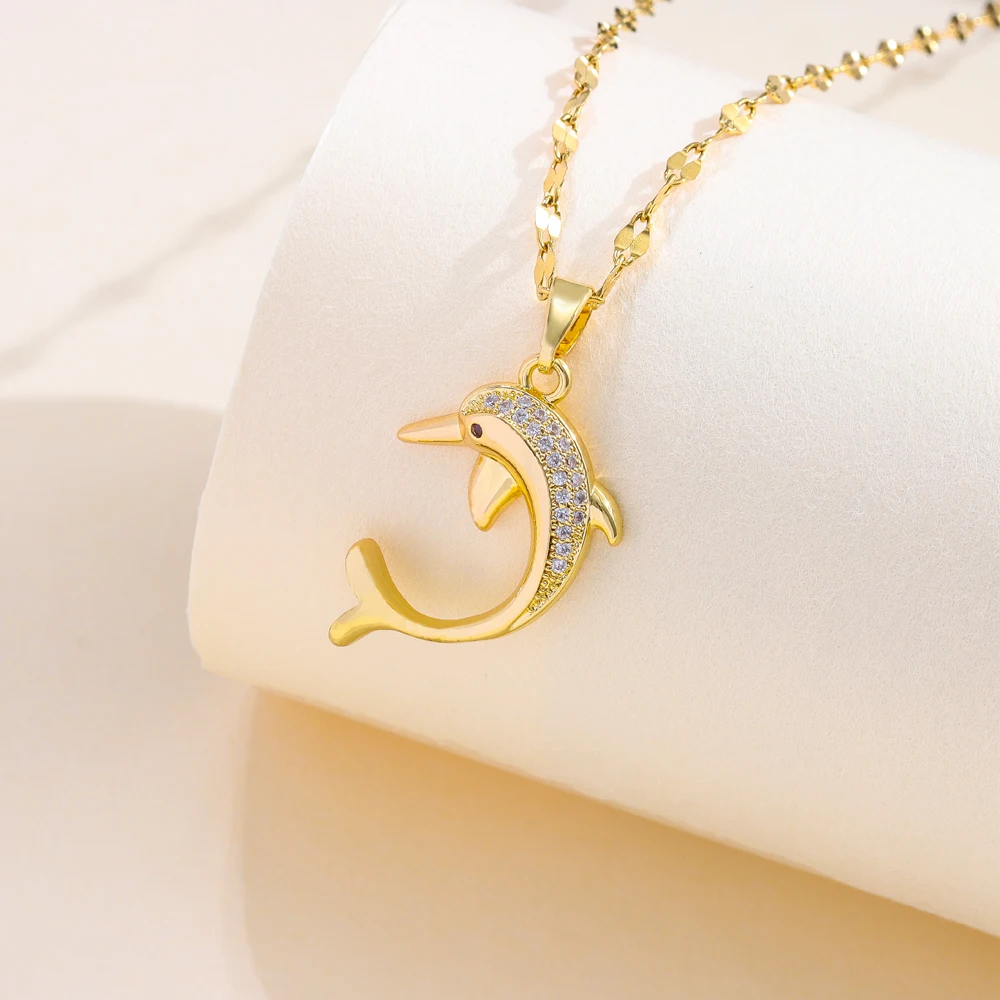 New Micro Inlay Zircon Cute Dolphin Necklaces For Women Fashion Trend Female Stainless Steel Clavicle Chain Jewelry Wholesale