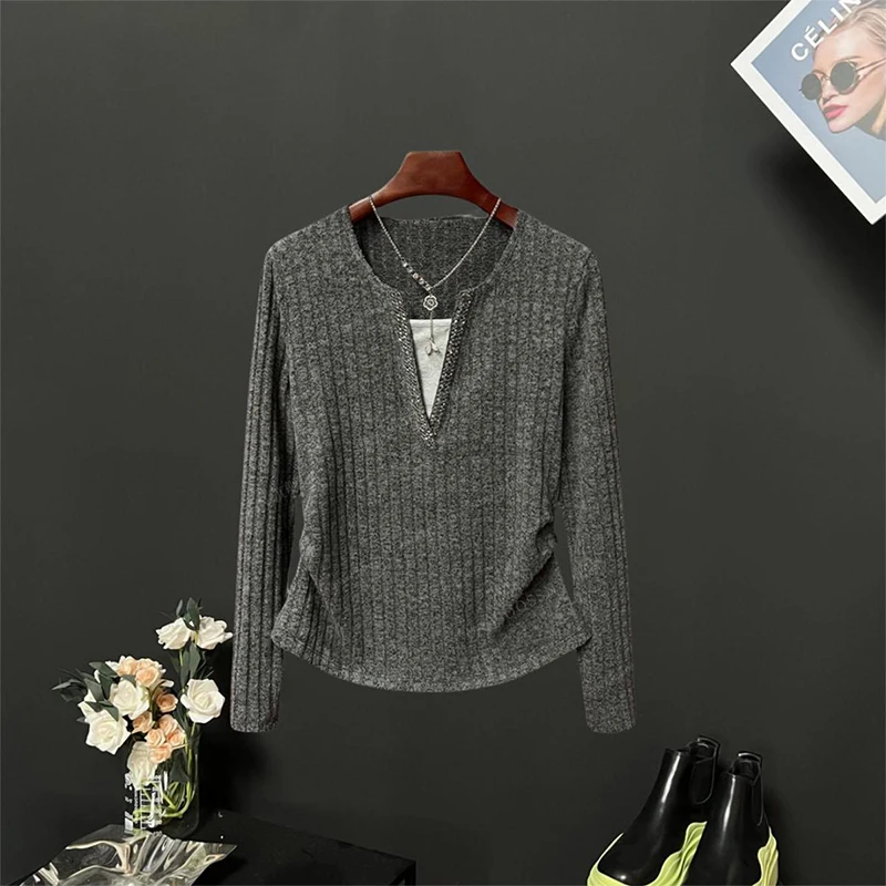 Spring Autumn Fake Two Pieces Loose Casual Sweater Ladies Long Sleeve Simple All-match Jumpers Women Pullover Knitting Top Women