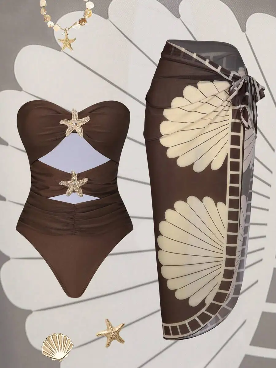 

Womens Brown Halter One-Piece Swimsuit With Shell Print Mesh Skirt Two-Piece Beach Set