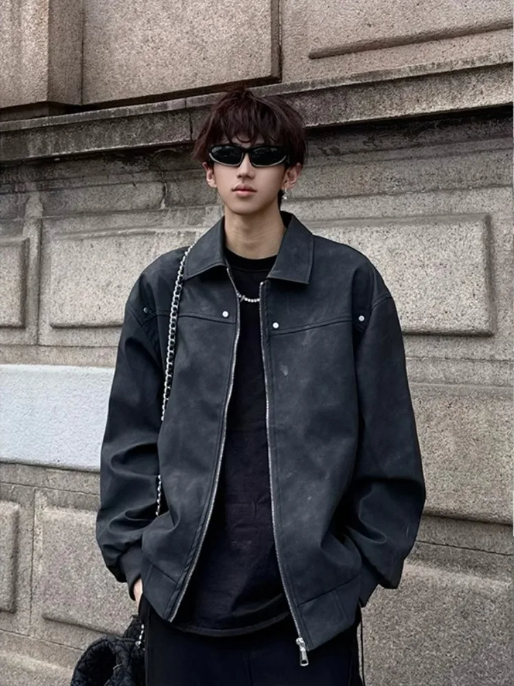 

Cleanfit Retro Motorcycle Leather Jaet Men's Sli Streetwear Jaet Trendy Brand Vintage Street Collar Zipper Jaet