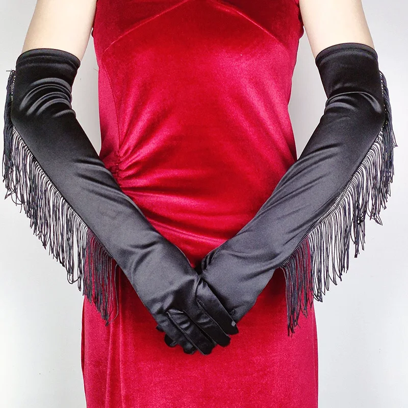 Long Women Elastic Spandex Dance Tassels Glove Dance Party Retro Dress Wedding Dress Photography Princess Satin Mitten P48