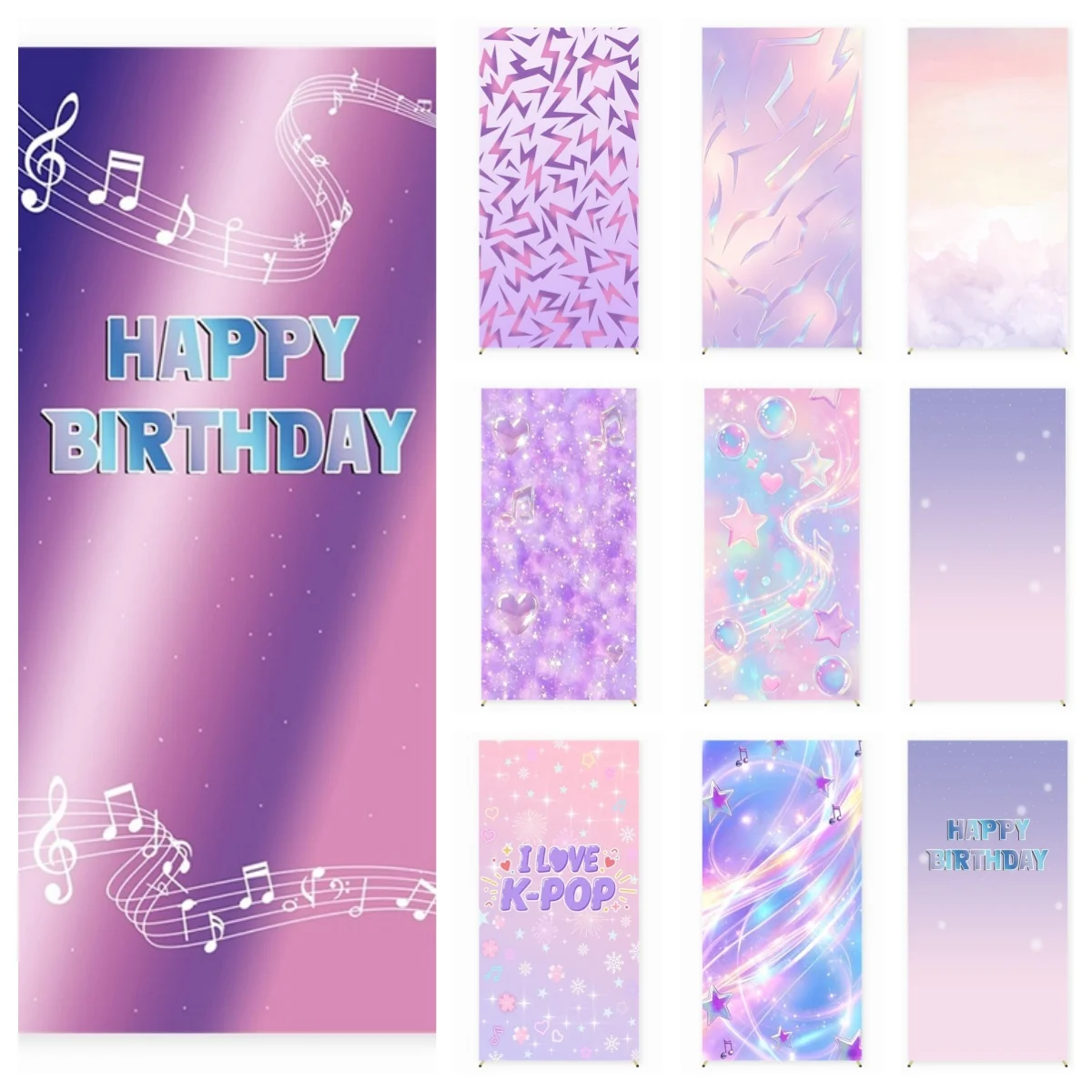 

Kpop Theme Rectangular Cover for Girls Birthday Party Baby Shower Custom Purple Tattoos Music Glitter Spandex Stretchy Backdrop