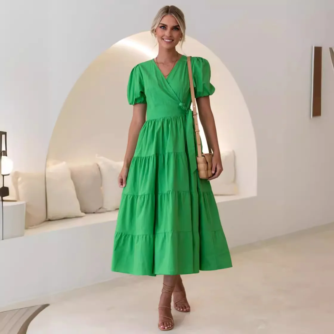 Summer New Green Elegant Fashionable Cross Collar V-Neck Wrap Print Dress2024