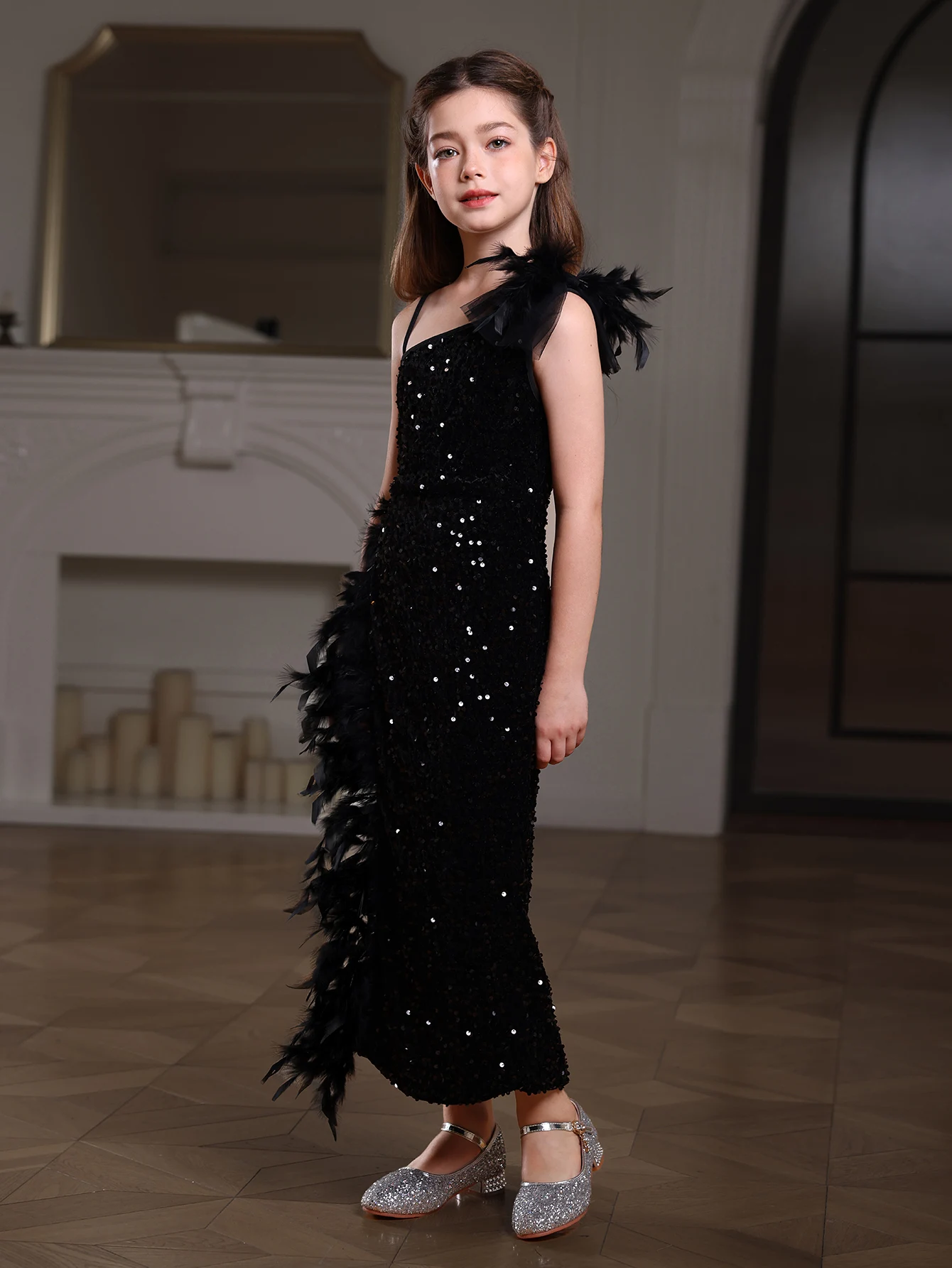 Girl\'s Gorgeous Sequin Prom Slim Fit Dress, Oblique shoulder Split Stitching Natural Feather Dress For Wedding Birthday Party