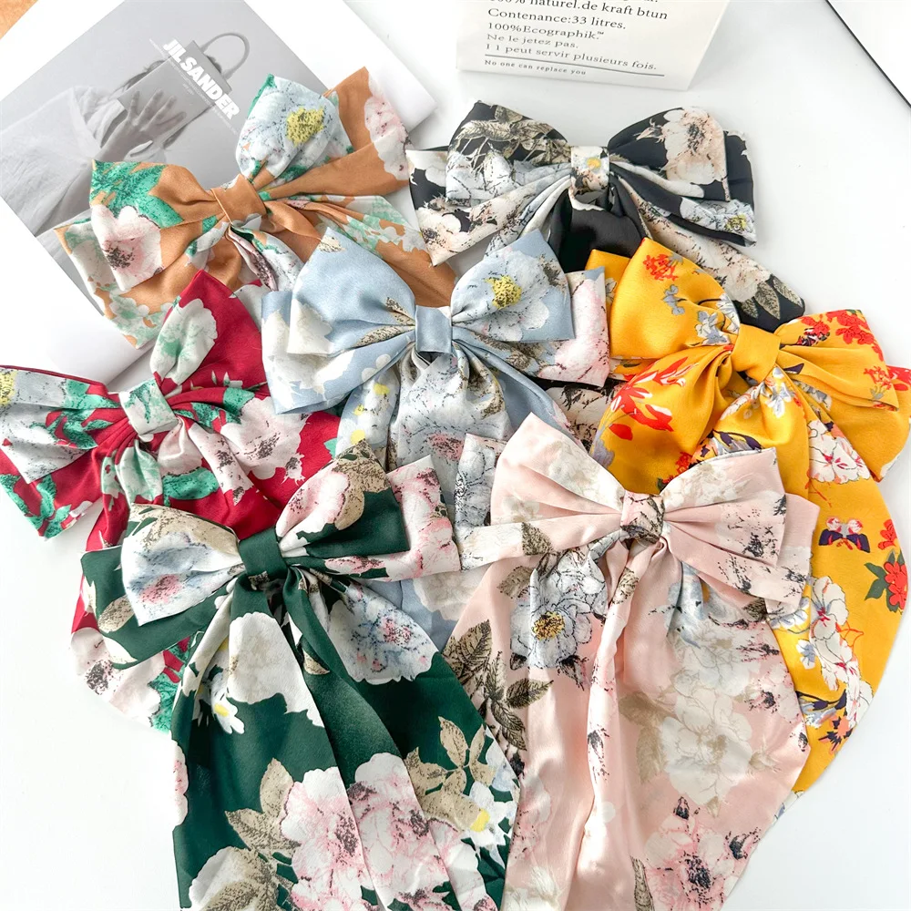 

Fashion Flower Print Bow Satin Ribbon Ponytail Scarf Hair Tie Scrunchies Women Girls Elastic Hair Bands Hair Accessories