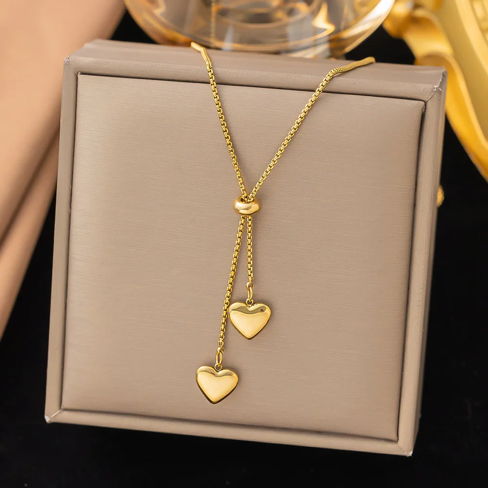 316L Stainless Steel New Fashion Fine Jewelry Adjustable Pull-out Heart Shaped Charm Chains Choker Necklaces Pendants For Women