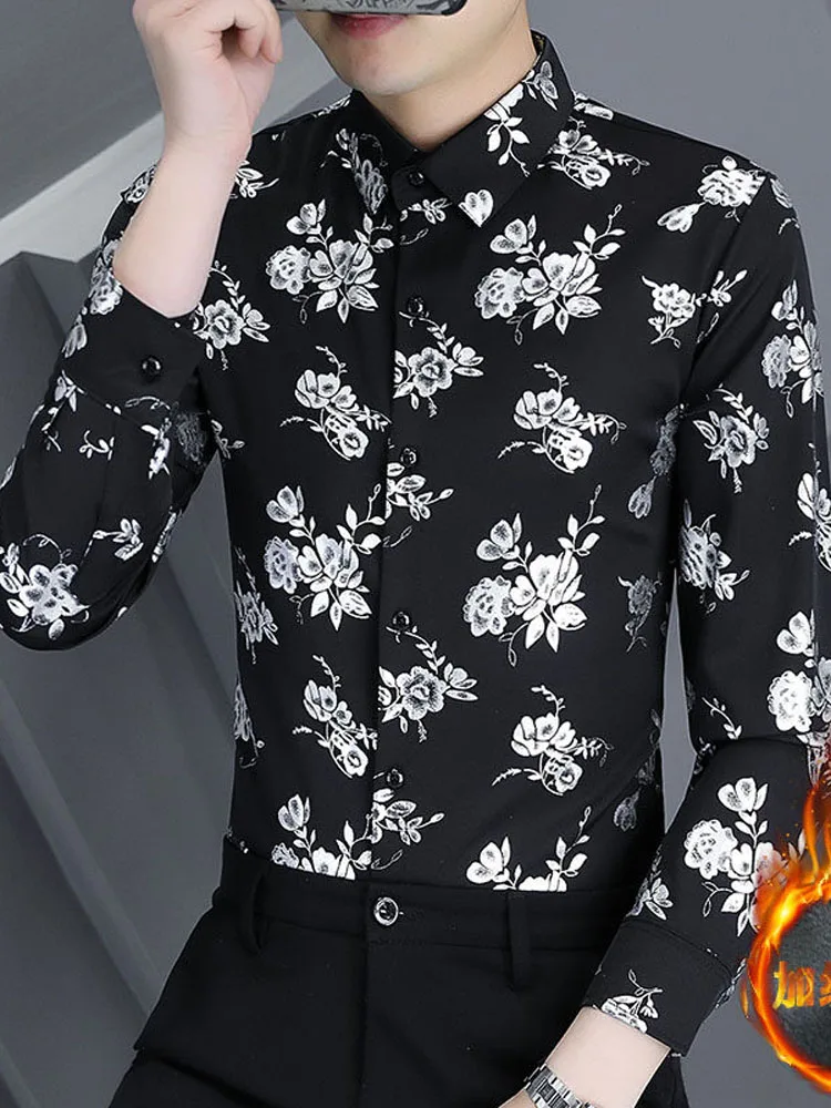 

Мужская рубашка с длинным рукавом на флисовой подкладке, не требующая глажки, модный брендовый принт с золотым штампом, повседневная, осенне-зимняя, S...